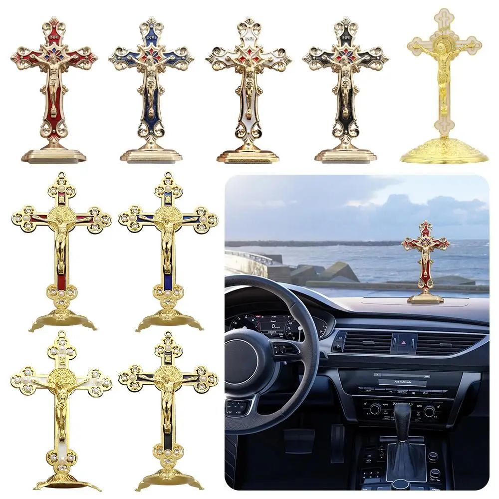 Golden Cross Ornaments Double-sided Tape Metal Statues Creative Handicrafts Oil Droped Colors Office Decor Table Cross
