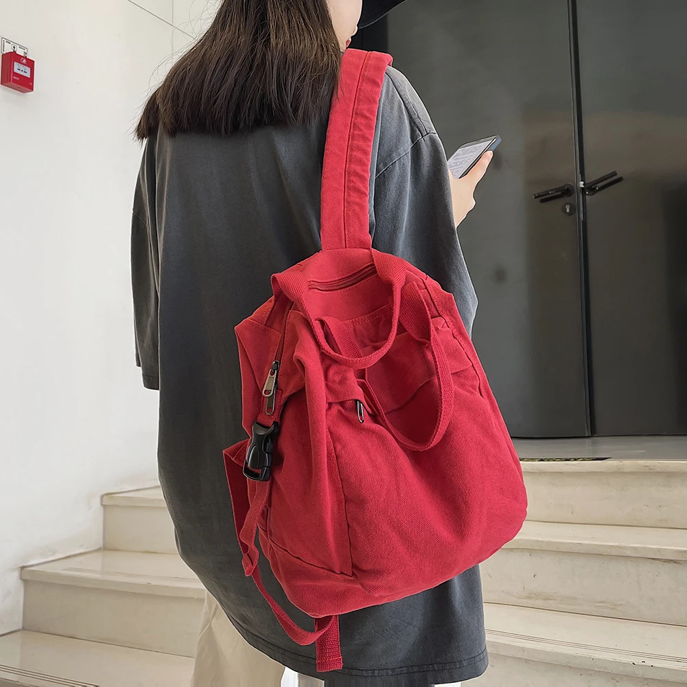 Vintage Canvas Bookbag 2024 Women Solid Color Schoolbag Large Capacity Simple Knapsack Casual College Backpack Students Rucksack