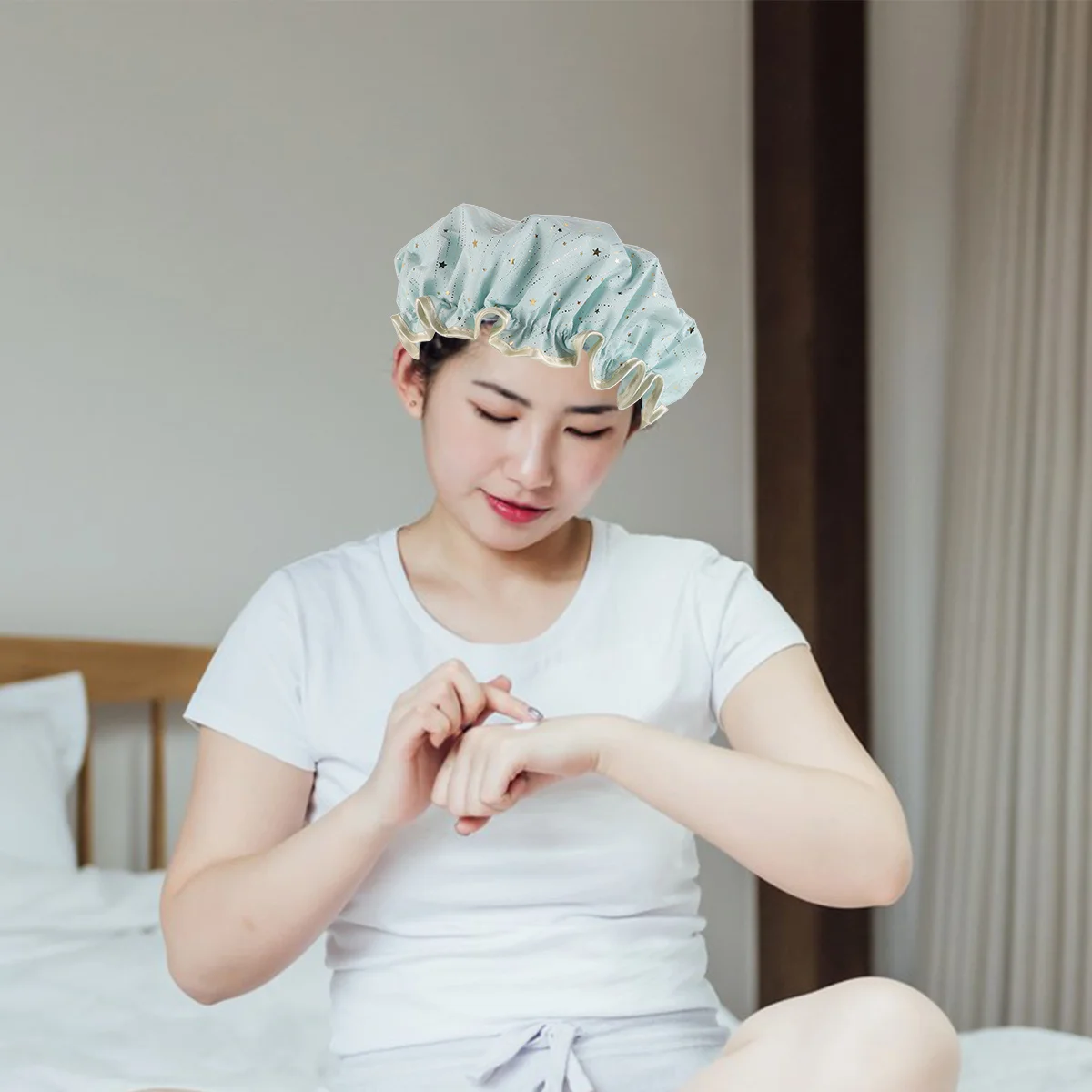 

Double Layer Waterproof Shower Cap Women Thickened Elastic Bath Hair Cap Reusable Polyester Cotton Large Hair Cover for Shower