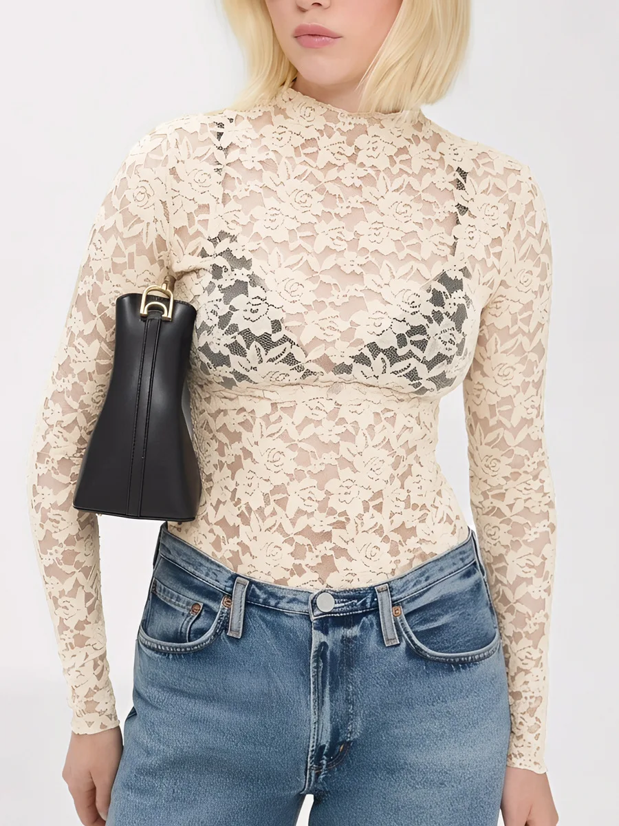 Women's High Collar Lace Top Elastic Lightweight Mesh Long Sleeve Base Shirt Stock Available Sweatshirts roupas feminina