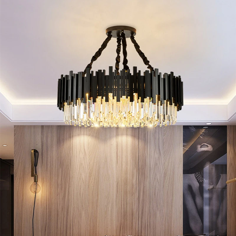 

Modern Crystal Luxury Pendant Lamp Villa Hotel Entrance Hall Decor Main Lamp Stainless Steel Droplight For Parlor Dining Kitchen