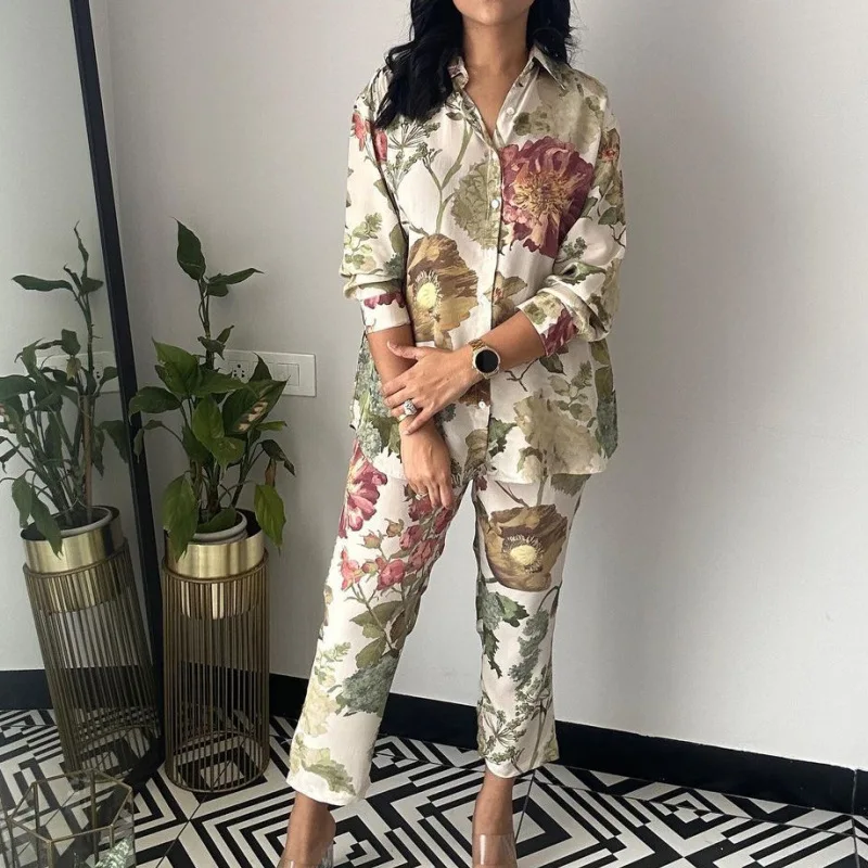 Women Pajamas Fashion Flower Print 2 Piece Long Sleeve Lapel Single Breasted Shirt Loose Trousers Ladies Elegant Homewear Suit