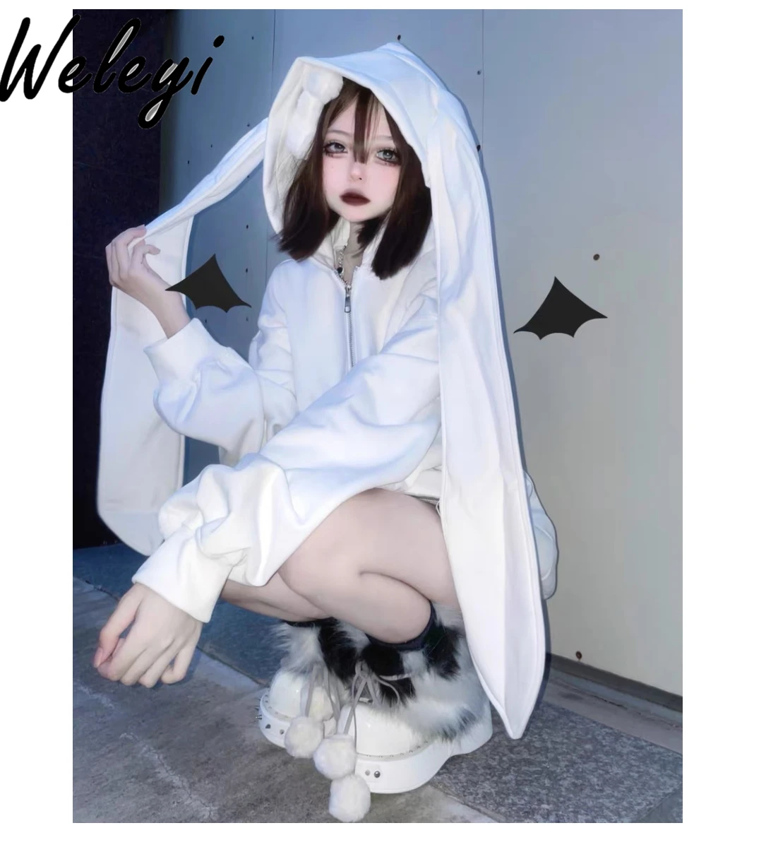 

Y2K Cute White Fleece Rabbit Ears Hooded Hoodie Female 2024 Fall New Jirai Kei Style Yabi Loose Hot Girl Punk Long Sleeve Jacket