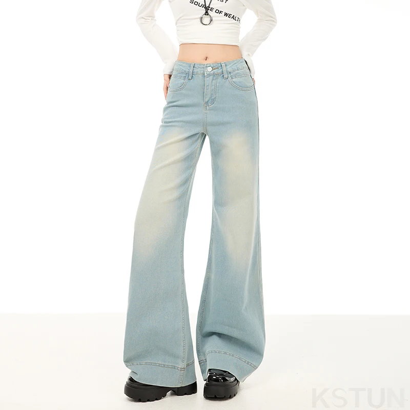 KSTUN 2026 Light Blue High Waisted Women's Flared Jeans Stretch Denim Pants Vintage Female Wide-leg Jeans Bootcut Long Trousers