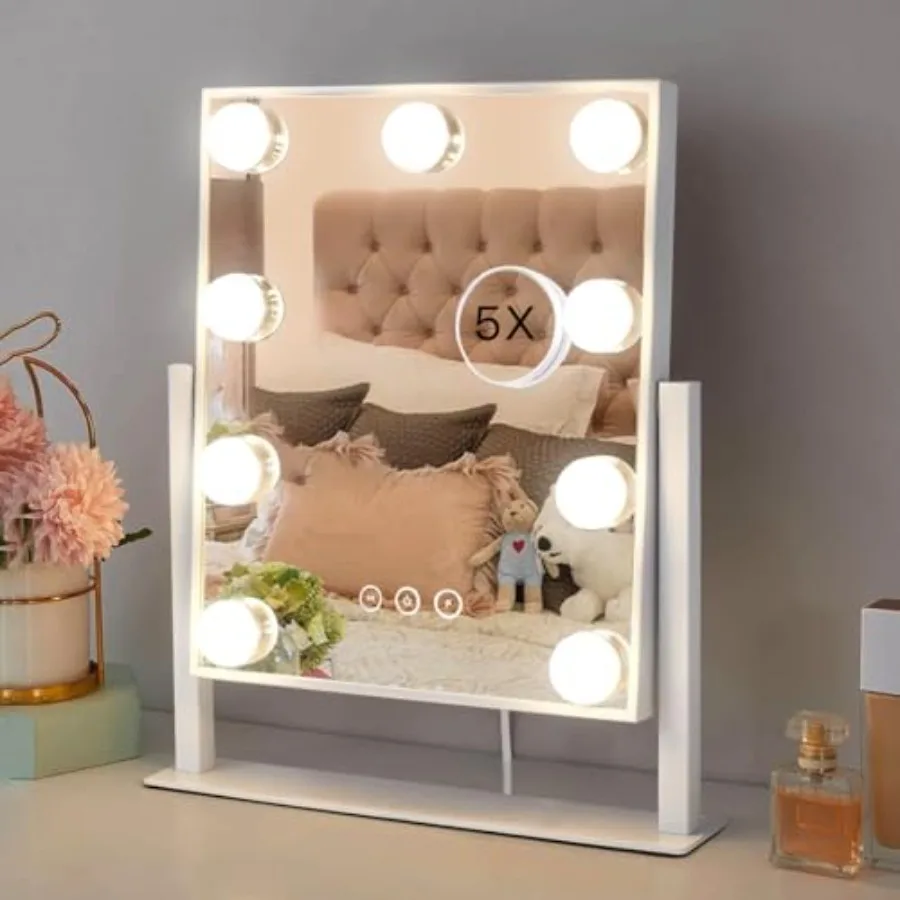 

Hollywood Vanity Mirror with Lights, Makeup 9 Dimmable Bulbs Three Color Lighting Modes, and 5X Magnification Mirror, Smart Tou