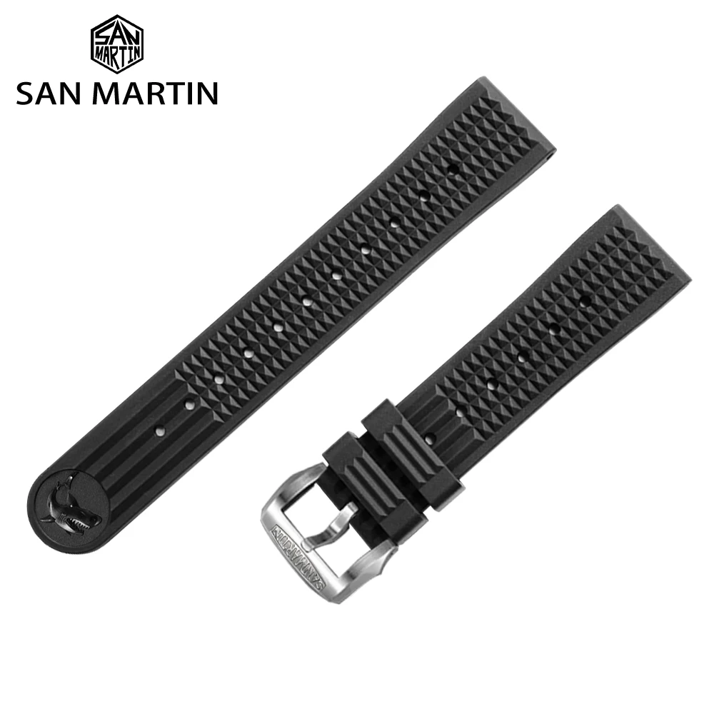 San Martin 20mm Fluororubber Watch Band Waterproof Quick Release Black Watch Strap Waffle Pattern Comfortable Watchbands Durable