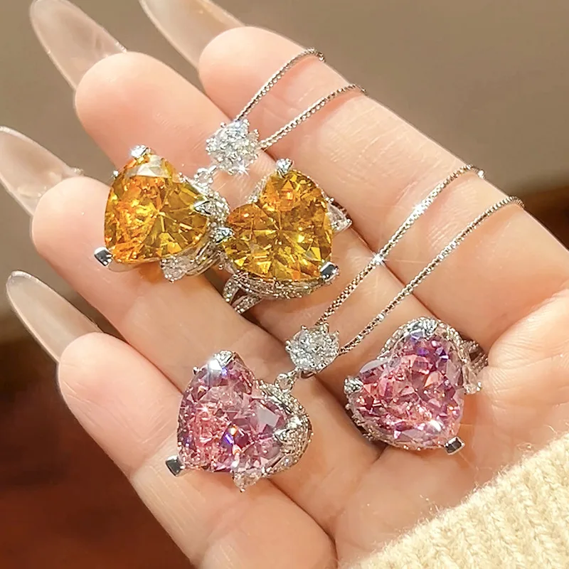 

New Style Jewelry Set Decorative Jewelry Ring Necklace Colorful Zircon Niche High-end Sense Light Luxury Yellow Diamond Pink Dia
