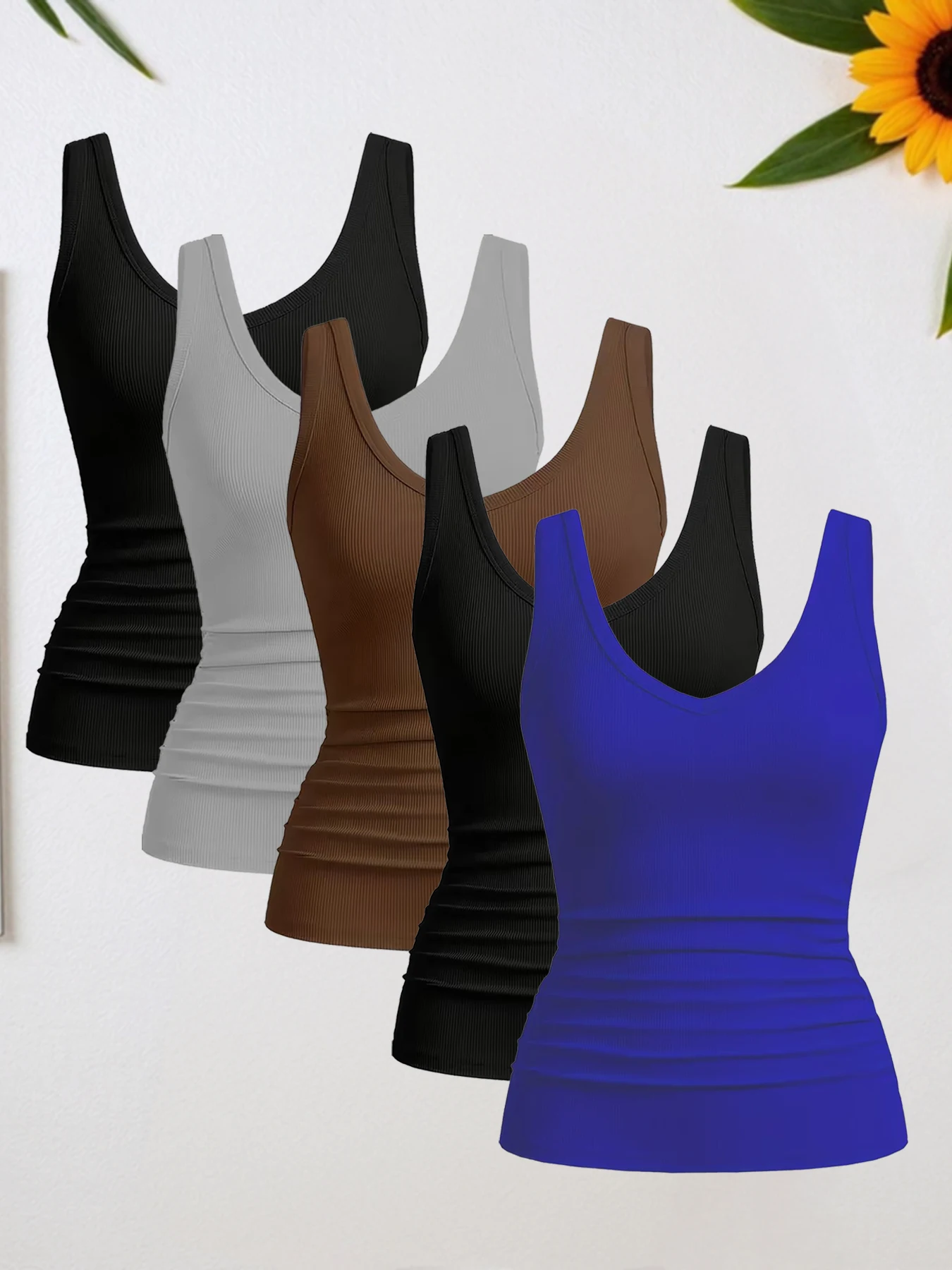

5pcs Hot selling new 2026 women's fashion elegant solid color elastic vest thread sexy V-neck sleeveless vest top