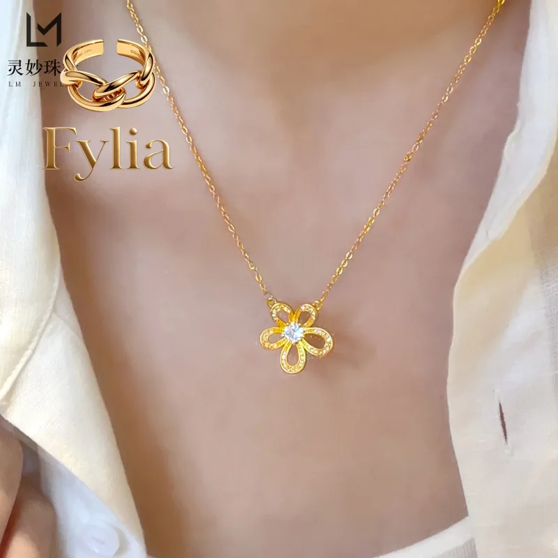 

Fylia Jewelry 9999 point diamond gesang flower necklace 24K real gold earrings hollow flower collarbone chain versatile gift f