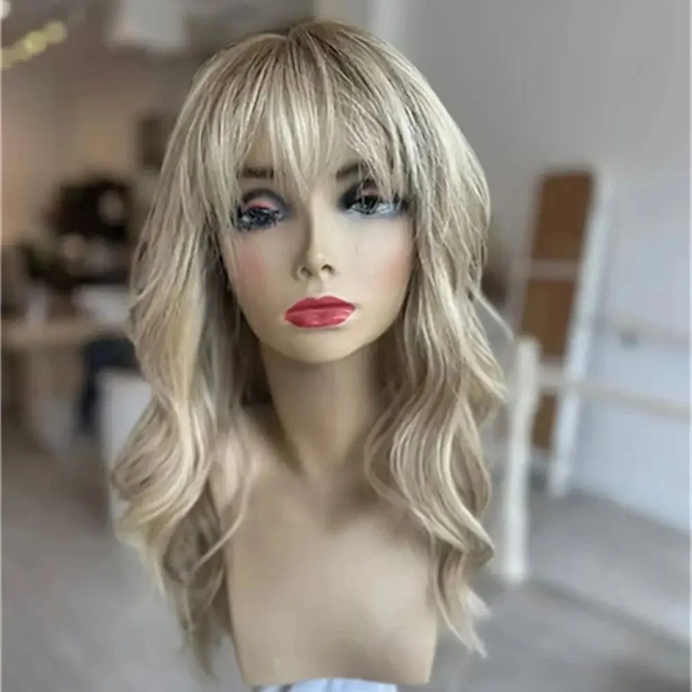 

Lace Top wig with Bangs Platinum Blonde Honey Highlights Colored Synthetic Lace Wigs Natural Fringe Full Ends Glueless Cosplay