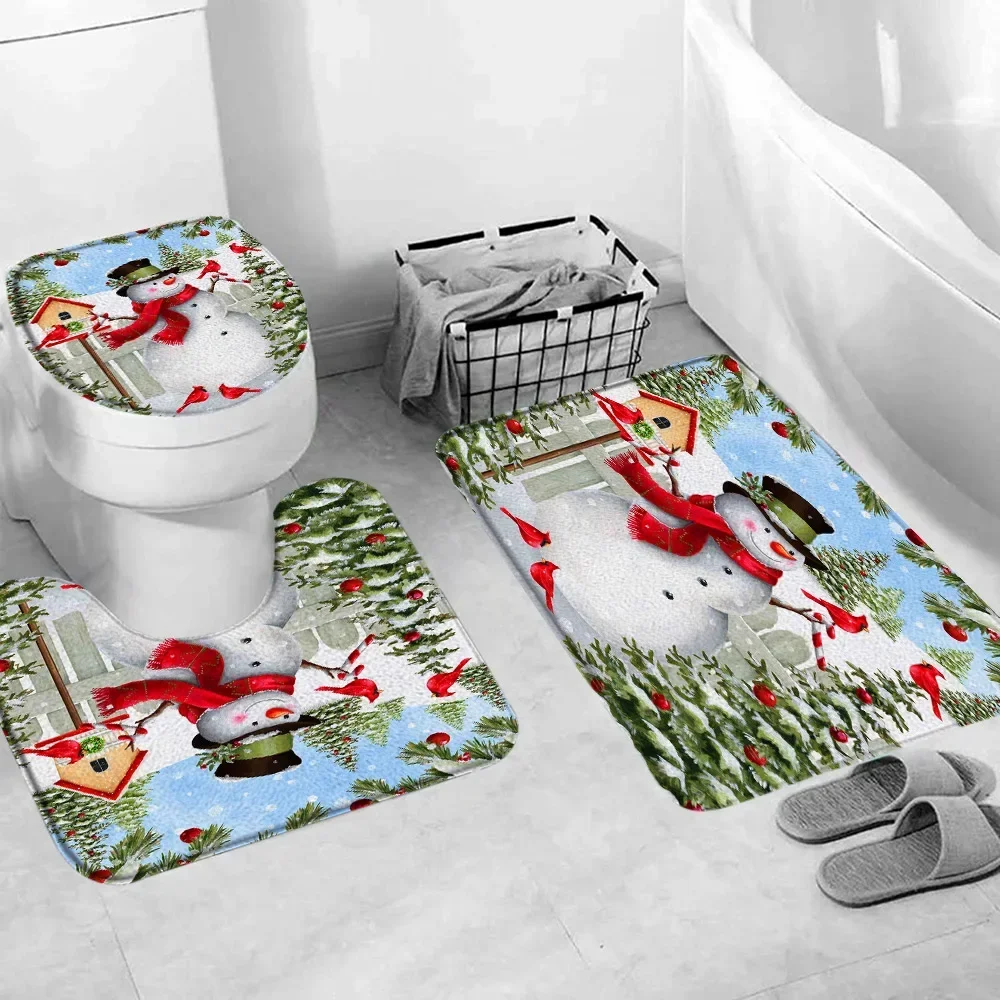 Christmas Bathroom Floor Mat Set Winter Snow Snowman Vintage Farmhouse Rustic Christmas Theme Bathtub Toilet Decoration