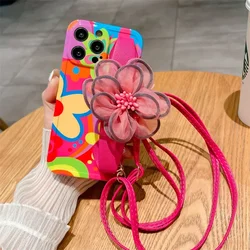 Flower Wristband Suitable for iPhone 15 Case 14 Pro Max Crossbody Rope 13 12pro Graffiti 11 All Inclusive Protective Cover