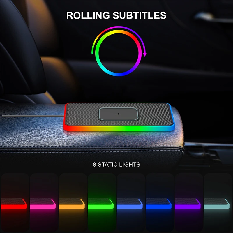 Car Wireless Charger 15W Qi Fast Charging Pad Anti-skid Mat Holder With LED Atmosphere Light For IPhone 13 12 Samsung S22 S23