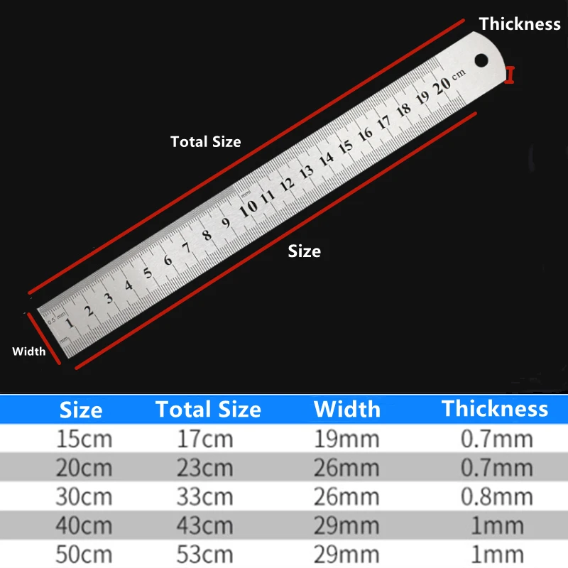 1PCS Stainless Steel Double Sided Straight Edge Precision Metal Measuring Tool Ruler 15/20/30/40/50 cm Scale Measuring Tool