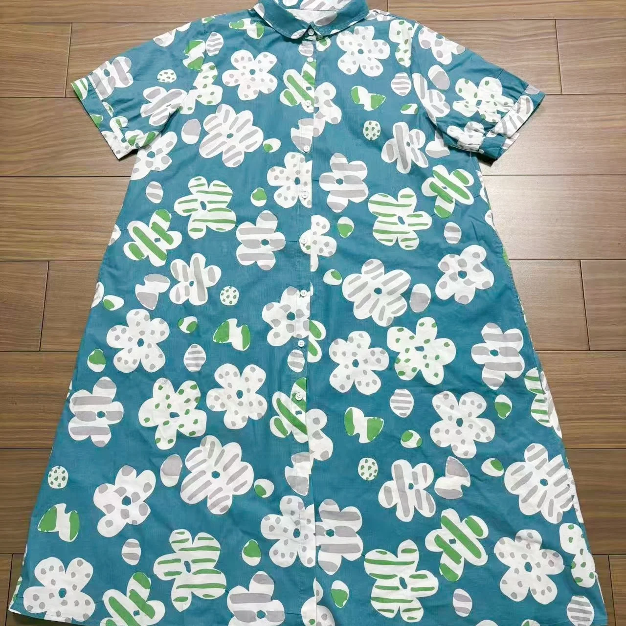 

Summer New Pure Cotton Short Sleeve Collar Floral Print Dress Women's High Waist Gored Skirt Shirt Style Casual Dress