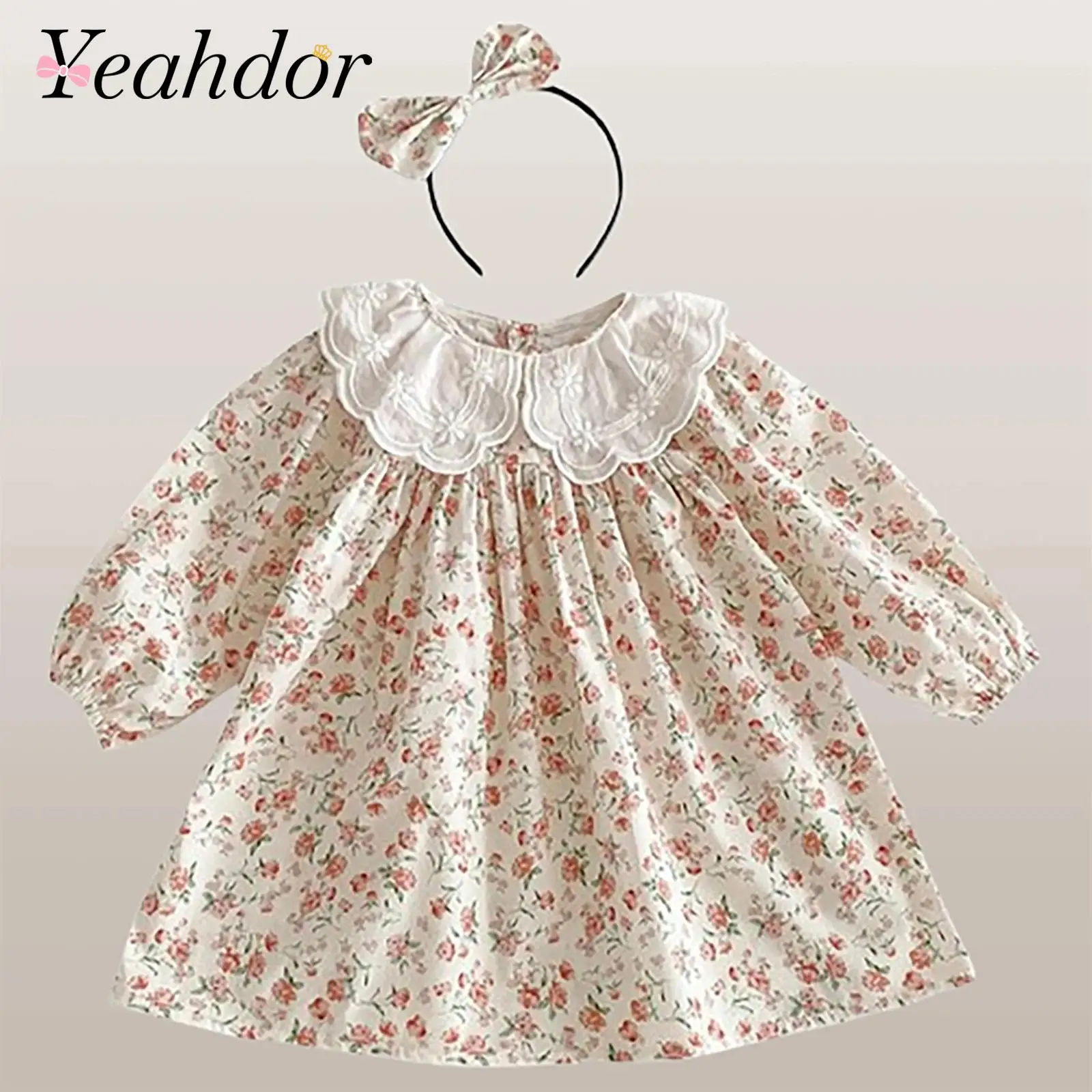 

Baby Doll Collar Dress Summer Girls Clothes Bowknot Headband Long Sleeve Floral Printed Dress for Party Daily Wear