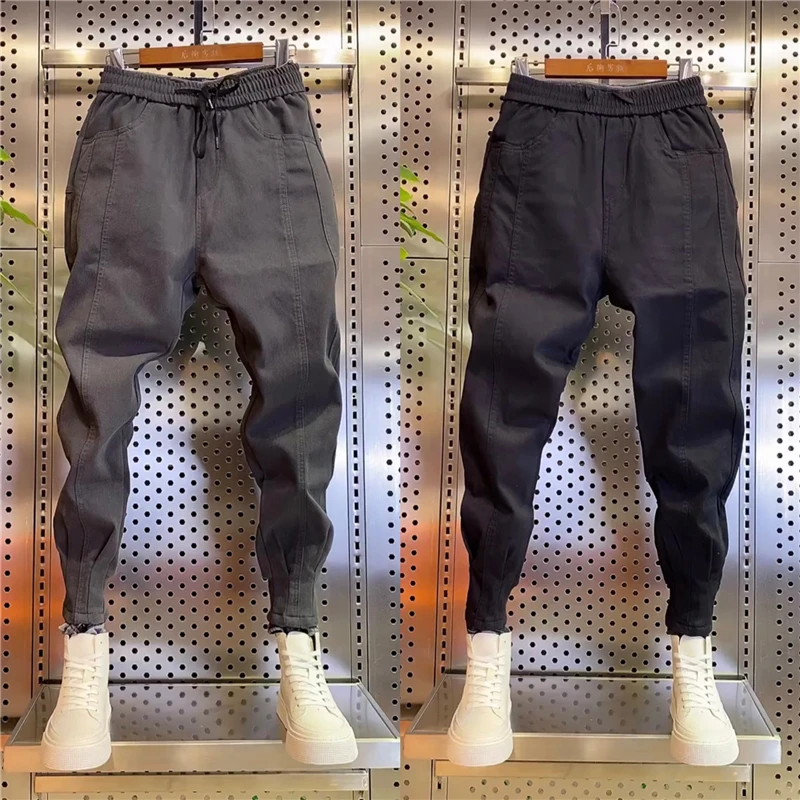 

Модные мужские джинсы из денима, однотонные, повседневные, длинные брюки, осенне-зимние, новые, облегающие, спортивные брюки-харланы, молодежные, популярные