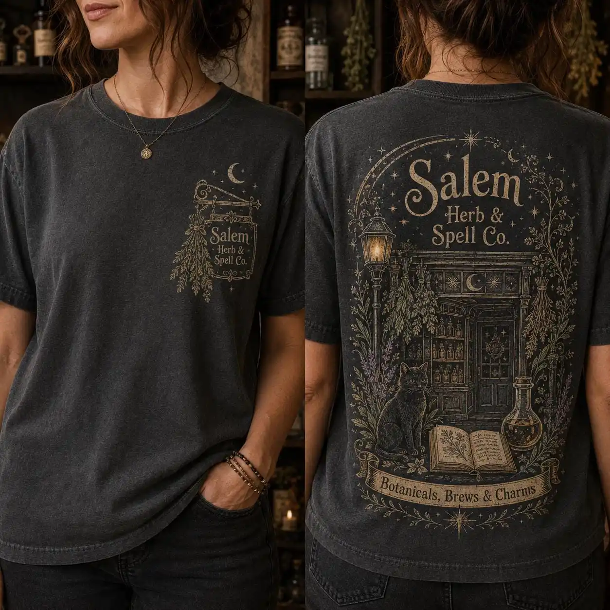 Salem Herb and Spell Co Shirt, Comfort Halloween, Witchy Salem Tee, Botanical Spell Shop Shirt for Women T-shirt
