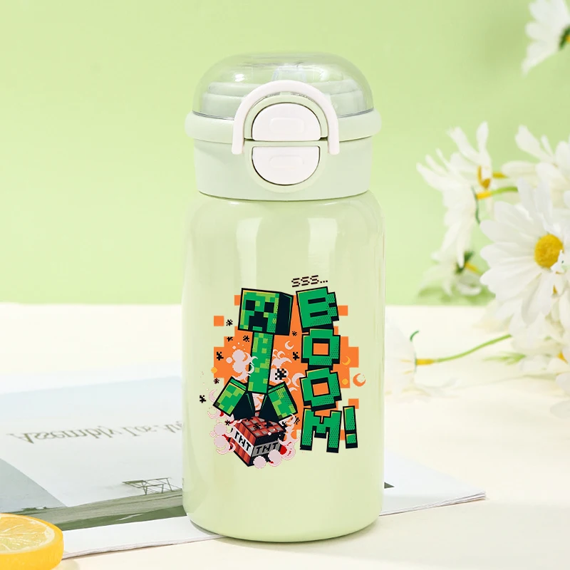 Minecraftes Pixeles Water Bottles with Straw Cartoon Game Figure Thermos Bottle Kids Outdoors Sports Water Cup Children Gifts