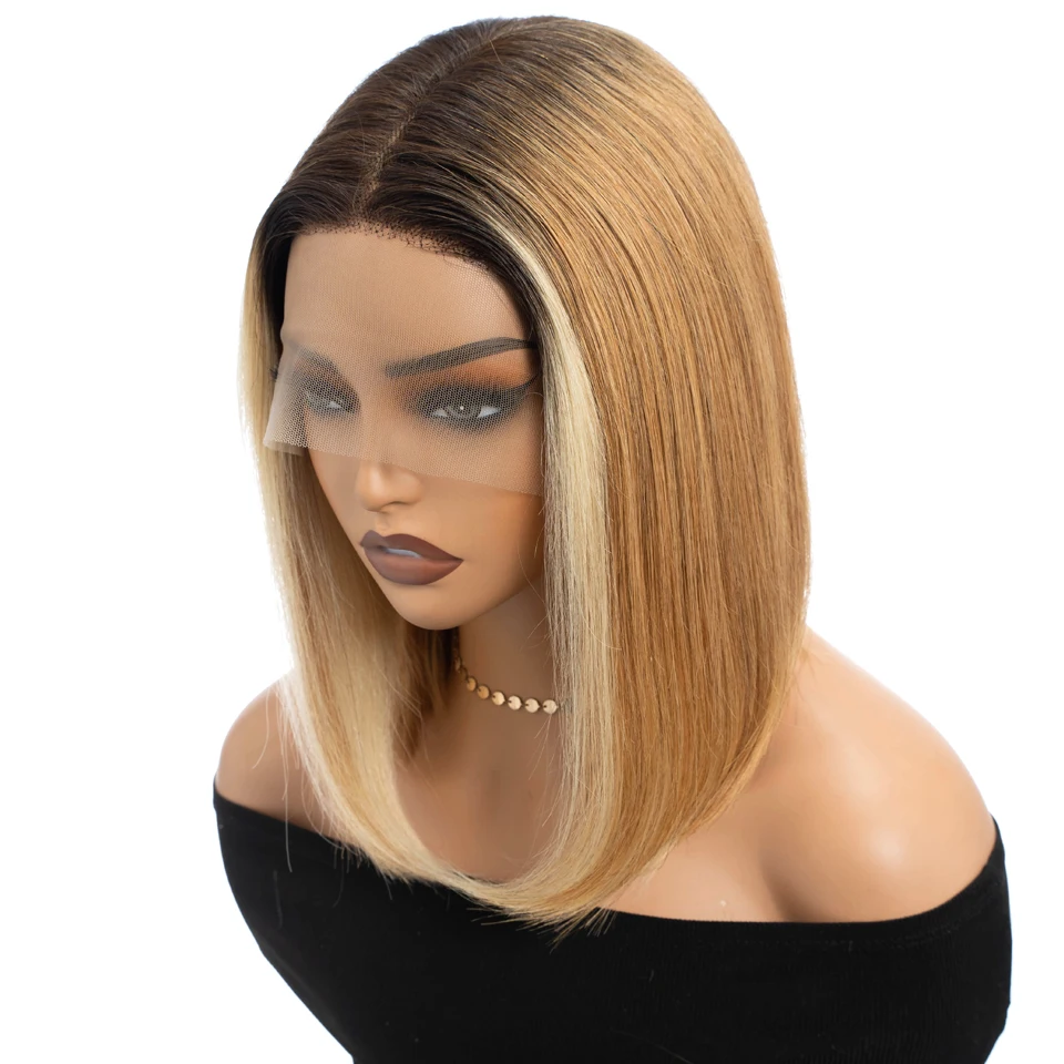 Lekker Highlight Blonde Short Straight Bob 13x1 T Lace Front 100% Human Hair Wig For Women Brazilian Remy Hair Glueless 613 Wigs