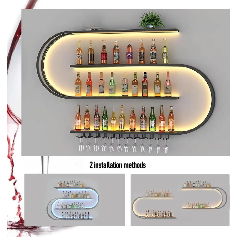 Rak Anggur Terpasang Di Dinding 78 Inci, Rak Bar Mengambang 4 Tingkat, Rak Penyimpanan Pajangan Botol Logam Industri, untuk Rumah