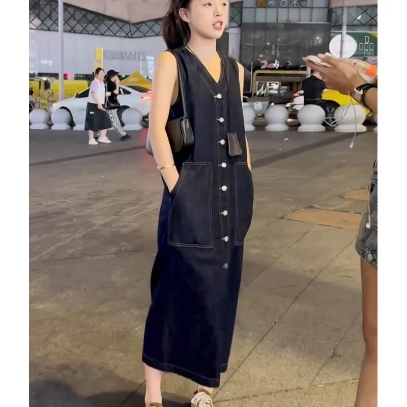 

Blue Single-Button Svel Denim Dr Ele Simple Long Vest Dr Polyester Fiber Summer 2025 Women's Faion