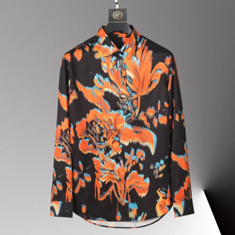 Minglu Silk Men's Shirts Luxury Orange Flower Digital Printing Long Sleeve Slim Fit Party Male Shirts Four Seasons Man Shirts