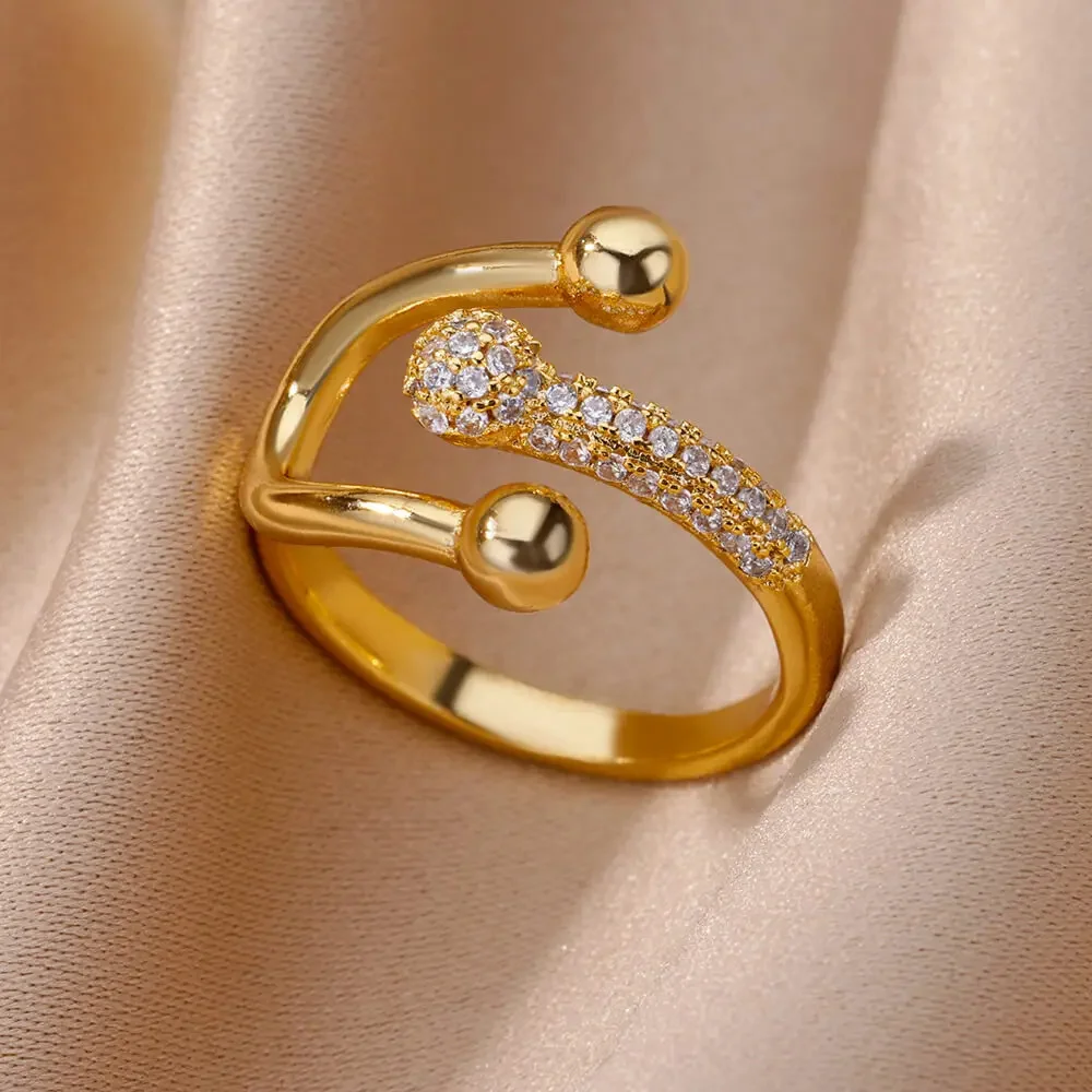 Chic Asymmetric Design Gold Color Ring Sophisticated Shiny Rhinestone Open Finger Ring Women's Gatherings Jewelry Gift image 2