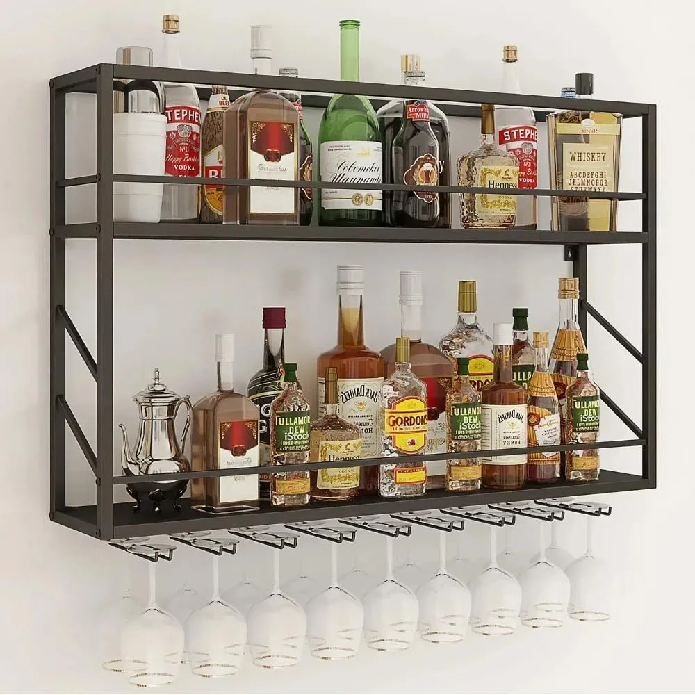 

Wall Mounted Wine Rack, 2 Tier Wall Wine Rack, Metal Floating Bar Liquor Shelves, Display Storage Shelf