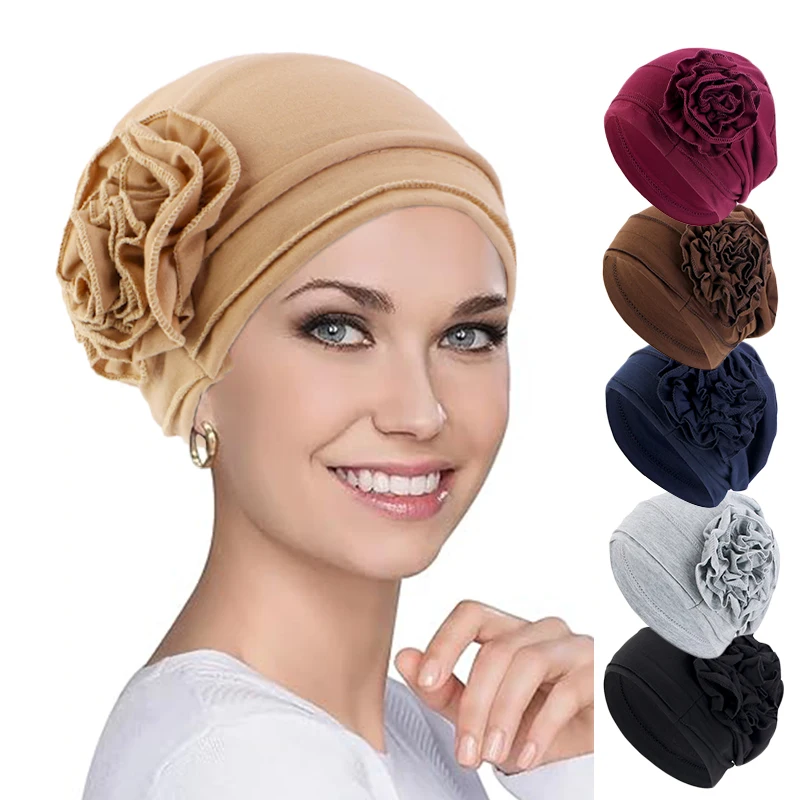 New Women Elegant Flower Turban Hat Stretchy Trendy Beanie Headscarf Outdoor Casual Sports Top Hat Bandanas Chemo Cap Head Wrap