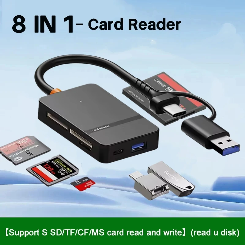 

8In1 Card Reader Usb3.0 Hub Sd/tf/cf/ms Memory Card Reader for Pc Iphone15 16 17 Trail Camera Converter External Usb Flash Drive