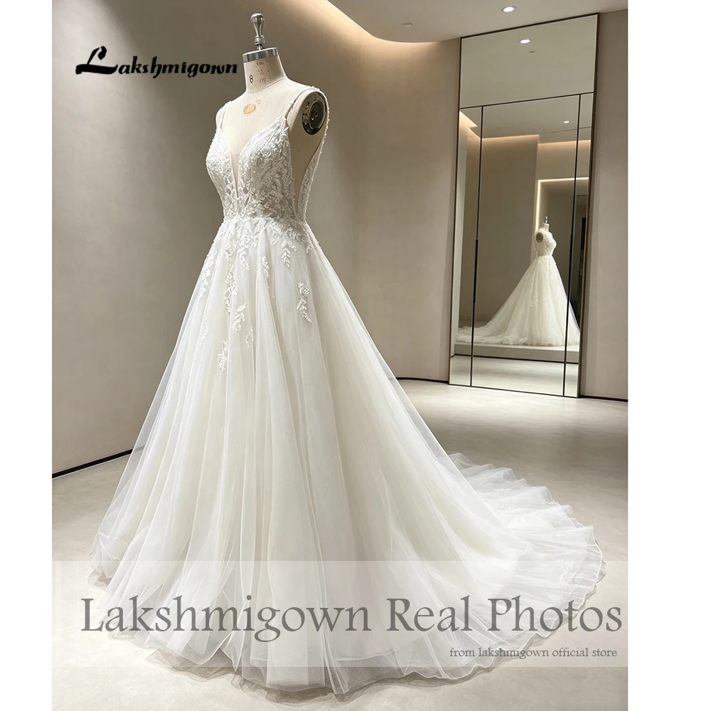Lakshmigown Hochzeitskleid mit tiefem V-Ausschnitt, perlenbesetzten Spaghettiträgern, bestickter Spitze, Brautkleider, echte Fotos, individuell anpassbar. – Detail 6