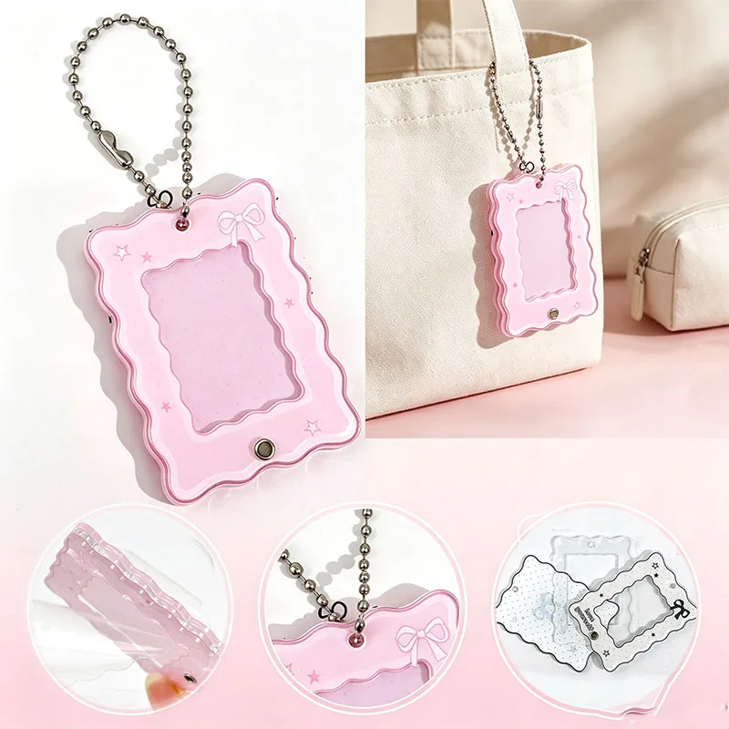 1 Inch Acrylic Photo Card Holder Pendant Cute Bow Star Wave Photo Clip Key Ring Bag Charm DIY Collectible Display Keychain Gift