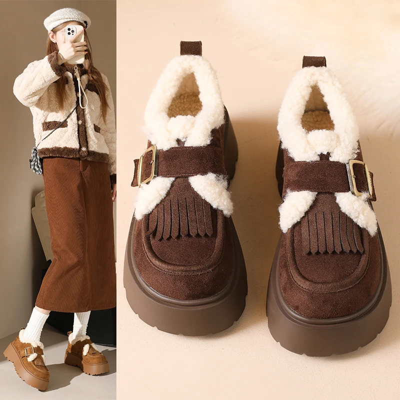 أحذية قطنية عصرية، أحذية بدون كعب دافئة، أحذية فراء قصيرة متعددة الاستخدامات بنعل سميك لزيادة الارتفاع 2652 #5