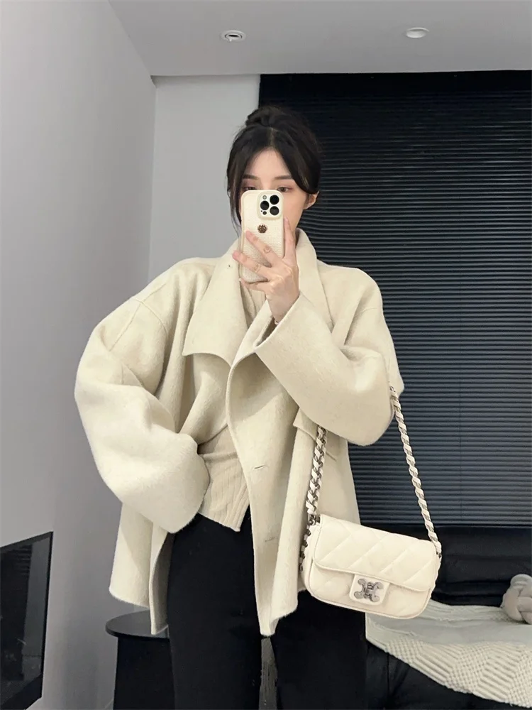 

Повседневное пальто большого размера с лацканами в стиле ретро, двусторонний плащ Fce, тюнер с неровным воротником, женское шерстяное пальто