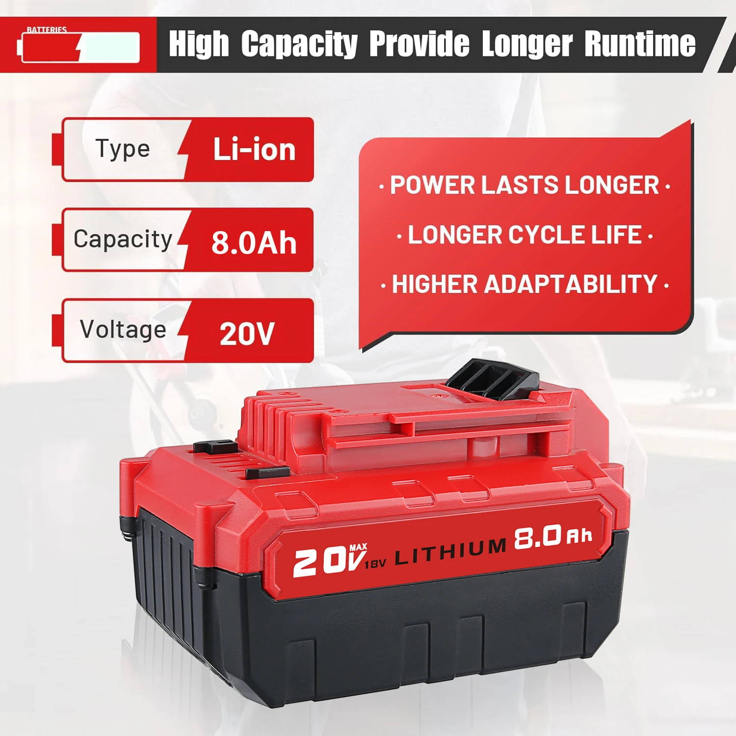 VANON 1/2/4 حزمة 20 فولت 8.0Ah بطارية ليثيوم أيون استبدال لكابل بورتر 20 فولت PCC685L PCC680L PCC682L أداة السلطة دبوس البطارية #2