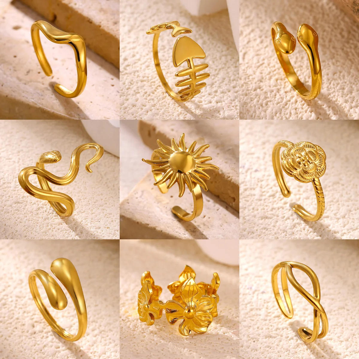 Wasserdichte Ringe aus Edelstahl für Frauen, minimalistischer goldfarbener Sonnen-Schlangen-Geometrie-Offenring, Punk-Hip-Hop-Schmuck-Accessoire.