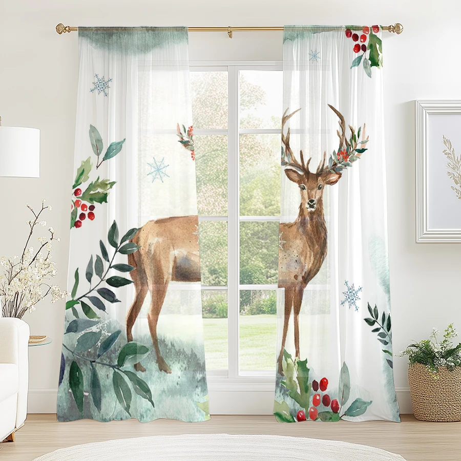 2PCS Christmas Sheer Curtains, Deer Winter Forest Pine, Digital Print, Bedroom Living Room, Rod Pocket Polyester, Home Decor