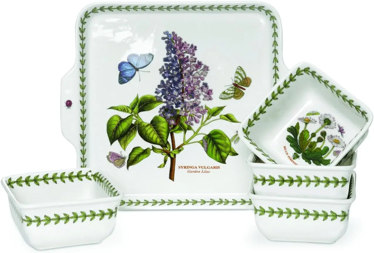 

Botanic Garden 5-Piece Accent Bowls, Assorted Floral Motifs - 8" Handle Plate & 3.75" Square Bowls - Durable Porcelain Serving B
