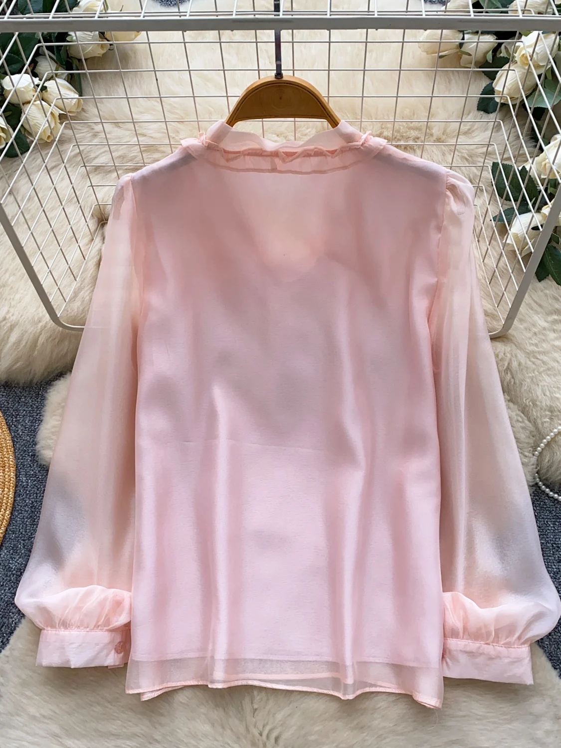 Sweet Knot V-neck Long Sleeve Loose Commute Shirt Women's Autumn Fashion Top Comfortable Breathable Polyester Fiber 4