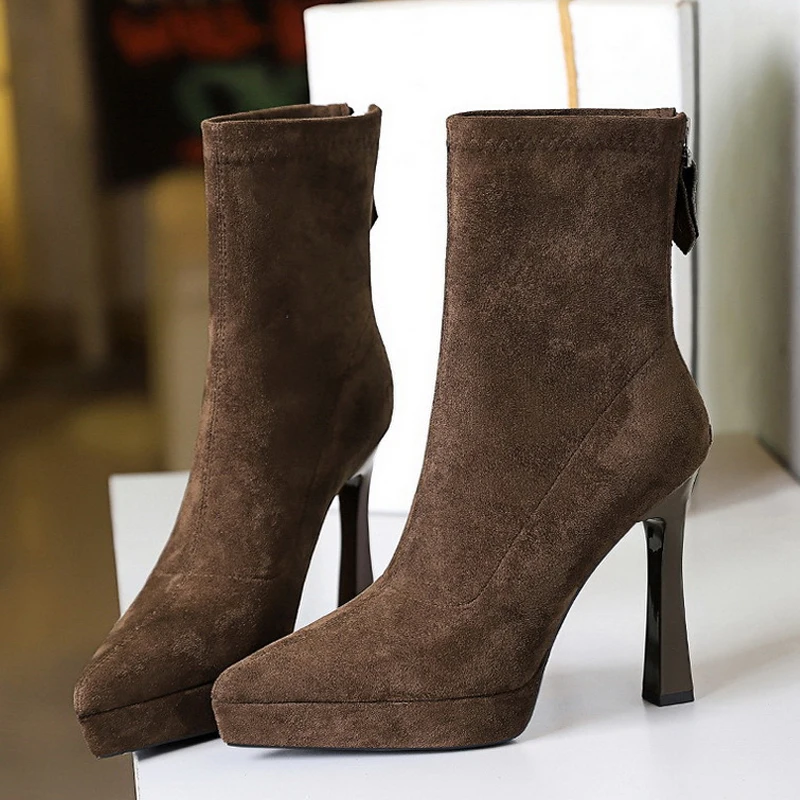 BIGTREE 2027 New Winter Sexy Ankle Boots Women Pointed Toe Platform Stiletto Heel Zipper Party Shoes Zapatillas De Mujer