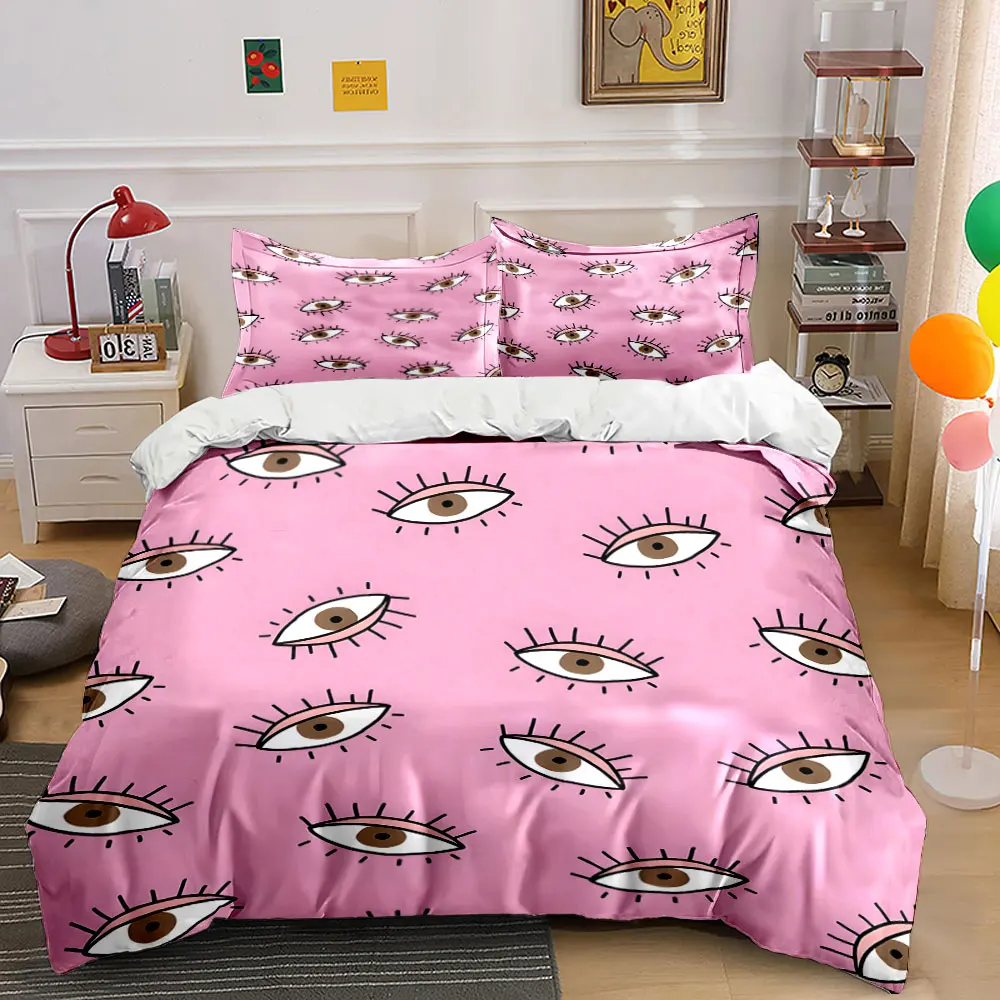 Cartoon eye patterns on pink background Duvet Cover Set with 3D Printing Design Soft Polyester Bedding Set All-Season Comfort
