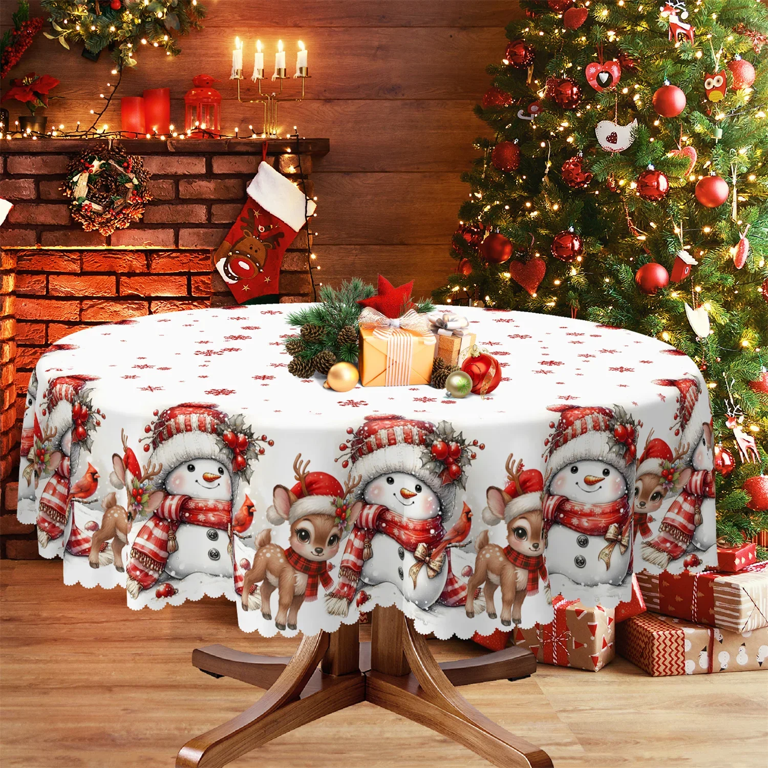 Polka-dot snowman snowflakes cherry-wood deer red-feathered bird fruits leaves Christmas tablecloth 1 packzyc