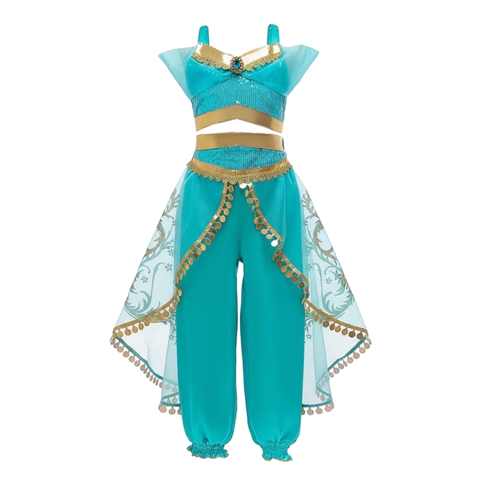 Girls Aladdin Magic Lamp Jasmine Princess Dress 2 PCS Kids Cosplay Costume Halloween Kids Birthday Carnival Vestidos Outfit