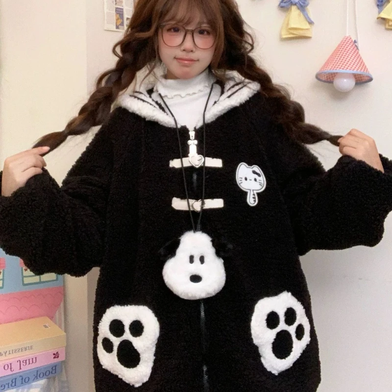 Japanische Nette Thicked Lamm Fleece Mantel Frauen Süße Sailor Kragen Katze Stickerei Plüsch Jacken 2025, Ropa Mujer Warme Lose Outwear