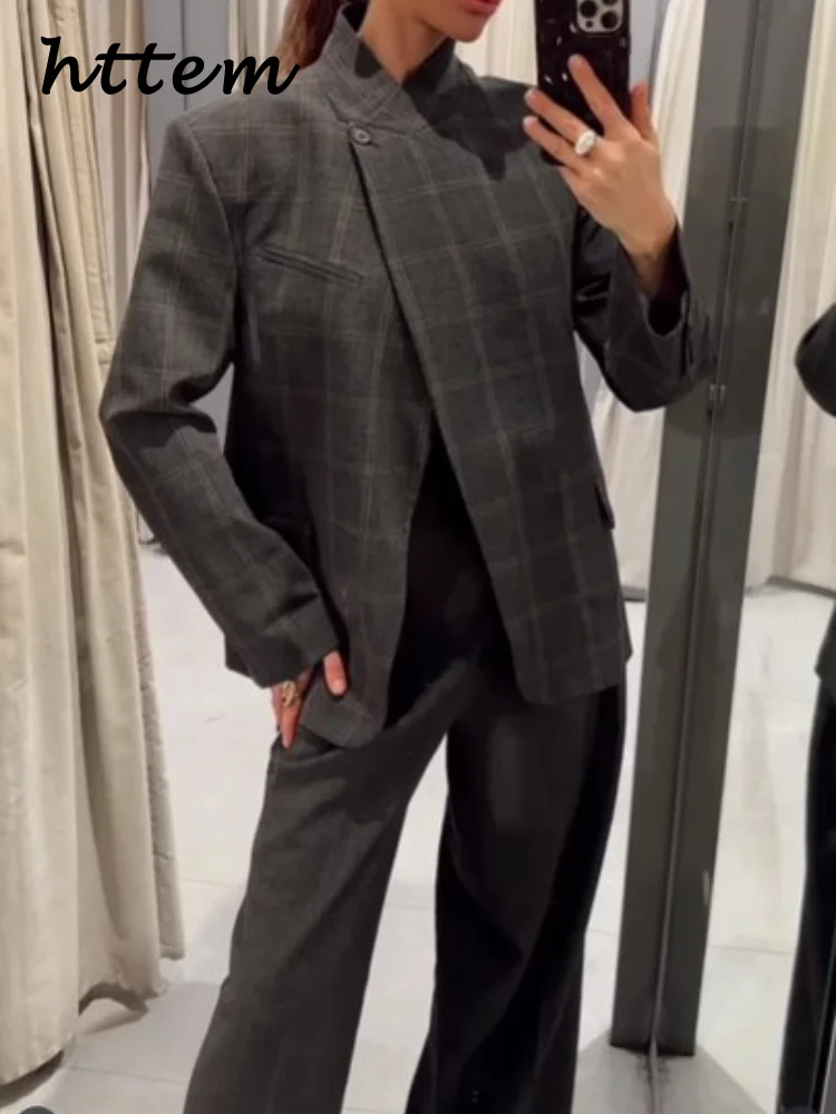 

Модная клетчатая куртка на одной пуговице, женская свободная куртка с v-образным вырезом и карманами на рукавах, женское пальто для поездок на работу, 2026, весенняя женская уличная верхняя одежда