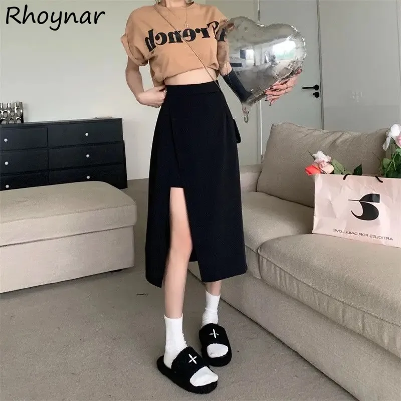 

Solid Skirts Women Summer Girls Prevalent Slender Korean Fashion Designed Simple All-match Personality 5XL Side-slit High Waist