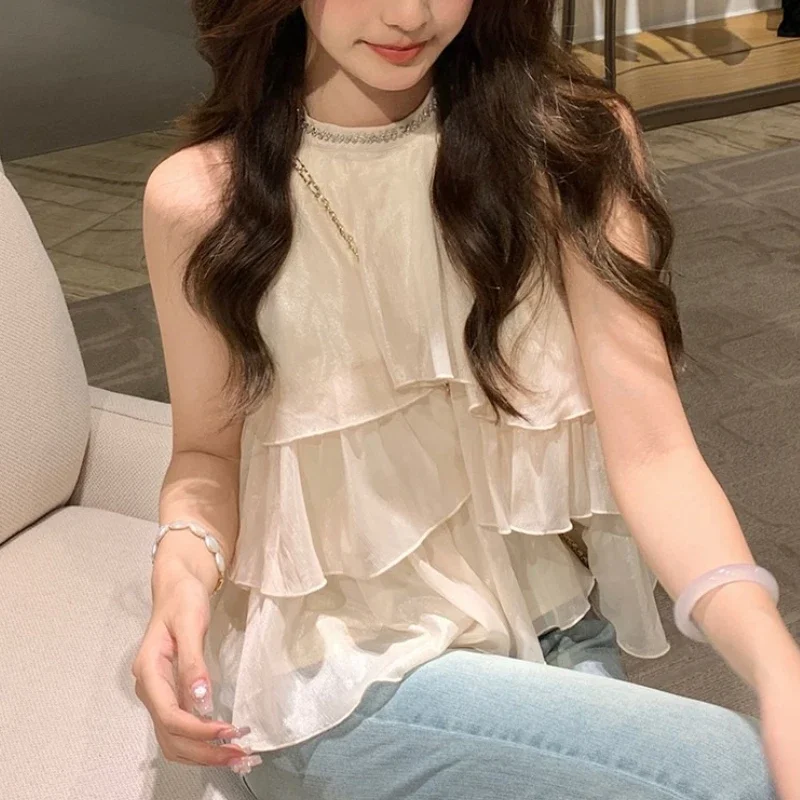 

Блузки с лямкой на шее и оборками, женские топы, однотонные летние корейские модные милые Blusas Mujer, свободные винтажные рубашки без рукавов