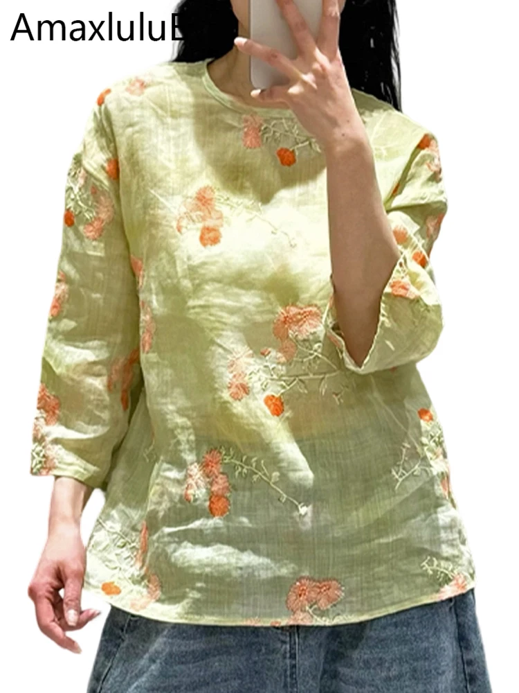 

Amax LuluE British Design Vintage Floral Shirts Ladies 2026 Summer Fashion Classic Blouses Women Causal Loose Luxury O Neck Tops