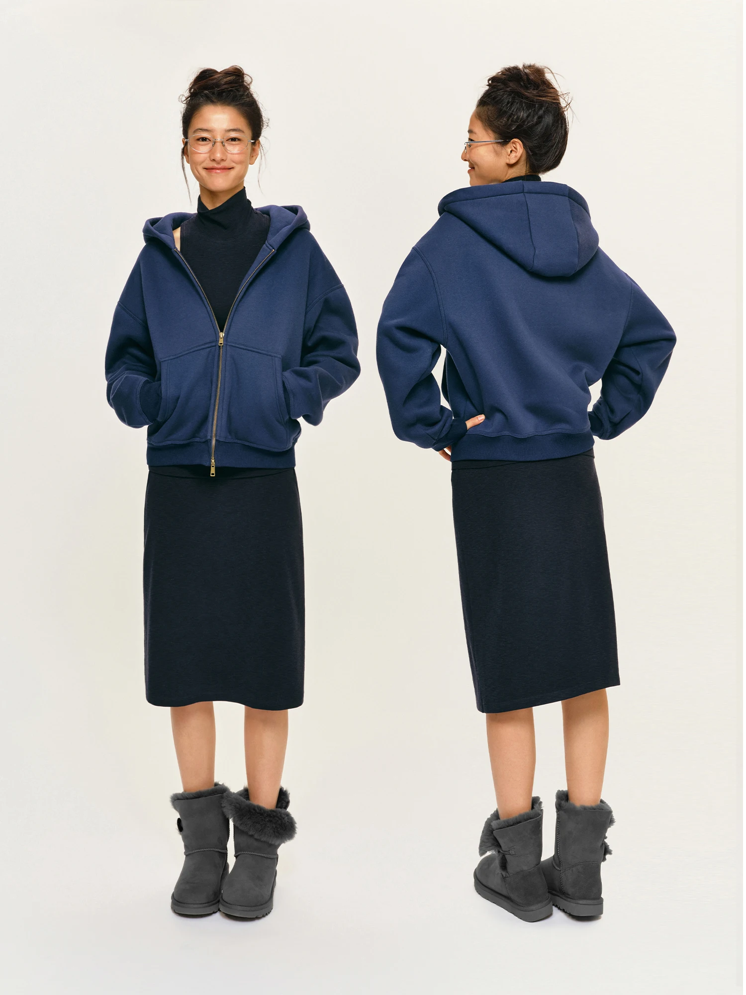 HaveRice Restaurant Heavyweight Fleece Hoodie Thickened Lightweight Warm Autumn Winter Lazy Blue Polyester Cotton Blend Cardigan